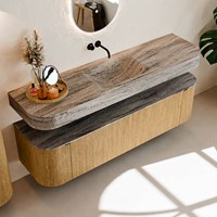THOR-DLUX 170cm bathroom vanity set curve left + right color Oak with 1 drawer and 2 doors. Wall mounted sink CLOUD Center without tab hole color Oza.-2