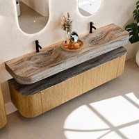 THOR-DLUX 190cm badmeubel ronding links + rechts kleur Oak met 2 lades en 2 deuren. Vrijhangende wastafel CLOUD Dubbel 2 kraangaten kleur Oza.-2