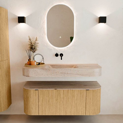 THOR-DLUX 120cm bathroom vanity set curve left + right color Oak with 1 drawer and 2 doors. Wall mounted sink CLOUD Center without tab hole color Saba.-3