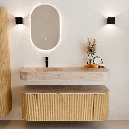 THOR-DLUX 130cm badmeubel ronding links + rechts kleur Oak met 1 lade en 2 deuren. Vrijhangende wastafel CLOUD Links 1 kraangat kleur Saba.-3