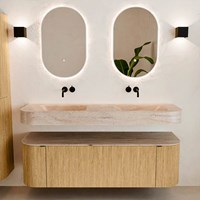 THOR-DLUX 150cm mueble de baño curva izquierda + derecha color Oak con 1 cajón y 2 puertas. Lavabo suspendido CLOUD Doble sin orificio color Saba.-3