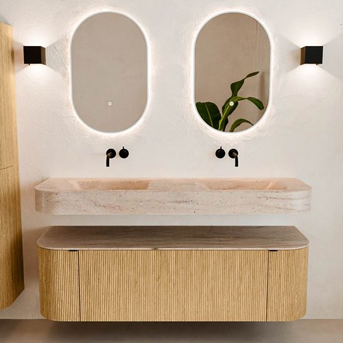 THOR-DLUX 150cm mueble de baño curva izquierda + derecha color Oak con 1 cajón y 2 puertas. Lavabo suspendido CLOUD Doble sin orificio color Saba.-3