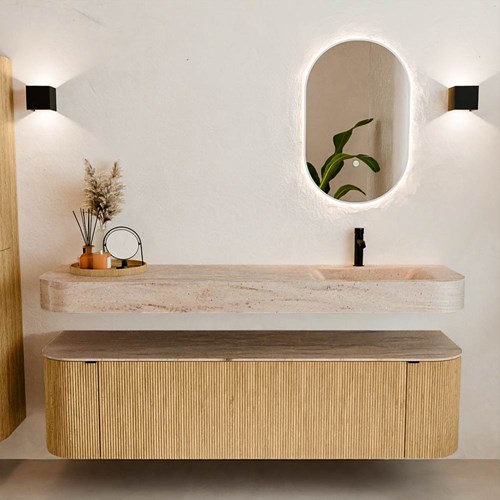 THOR-DLUX 170cm meubles de salle de bains courbe gauche + droite couleur Oak avec 1 tiroir et 2 portes. Lavabo suspendu CLOUD Droite 1 trou pour robinetter couleur Saba.-3