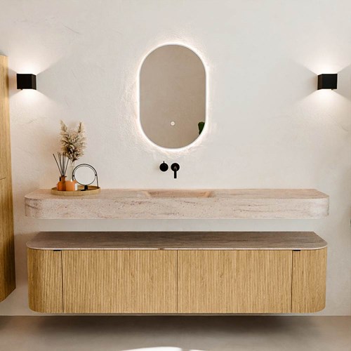 THOR-DLUX 190cm badmeubel ronding links + rechts kleur Oak met 2 lades en 2 deuren. Vrijhangende wastafel CLOUD Midden zonder kraangat kleur Saba.-3
