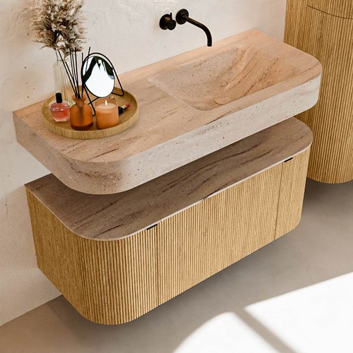 THOR-DLUX 110cm bathroom vanity set curve left + right color Oak with 1 drawer and 2 doors. Wall mounted sink CLOUD Right without tab hole color Saba.-2