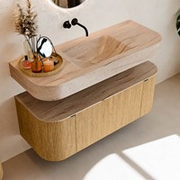 THOR-DLUX 120cm bathroom vanity set curve left + right color Oak with 1 drawer and 2 doors. Wall mounted sink CLOUD Center without tab hole color Saba.-2