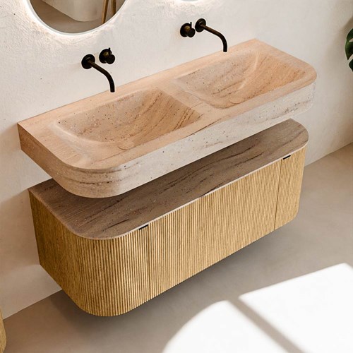 THOR-DLUX 120cm badmöbel kurve links + rechts farbe Oak mit 1 schublade und 2 türen. Frei hängende waschtisch CLOUD Doppelt kein hahnloch farbe Saba.-2