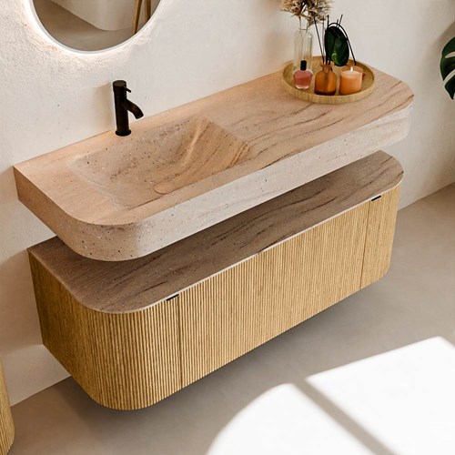 THOR-DLUX 130cm badmeubel ronding links + rechts kleur Oak met 1 lade en 2 deuren. Vrijhangende wastafel CLOUD Links 1 kraangat kleur Saba.-2