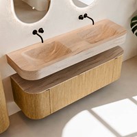 THOR-DLUX 150cm mueble de baño curva izquierda + derecha color Oak con 1 cajón y 2 puertas. Lavabo suspendido CLOUD Doble sin orificio color Saba.-2