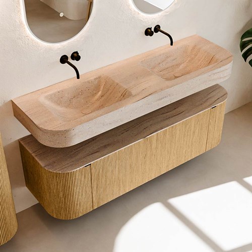 THOR-DLUX 150cm mueble de baño curva izquierda + derecha color Oak con 1 cajón y 2 puertas. Lavabo suspendido CLOUD Doble sin orificio color Saba.-2