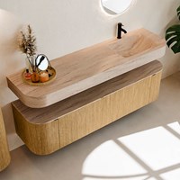 THOR-DLUX 170cm meubles de salle de bains courbe gauche + droite couleur Oak avec 1 tiroir et 2 portes. Lavabo suspendu CLOUD Droite 1 trou pour robinetter couleur Saba.-2