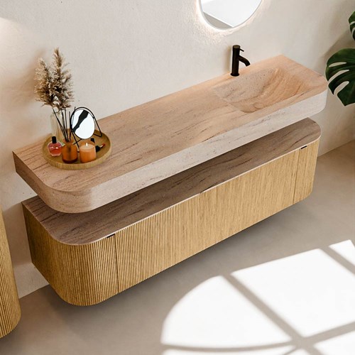 THOR-DLUX 170cm meubles de salle de bains courbe gauche + droite couleur Oak avec 1 tiroir et 2 portes. Lavabo suspendu CLOUD Droite 1 trou pour robinetter couleur Saba.-2