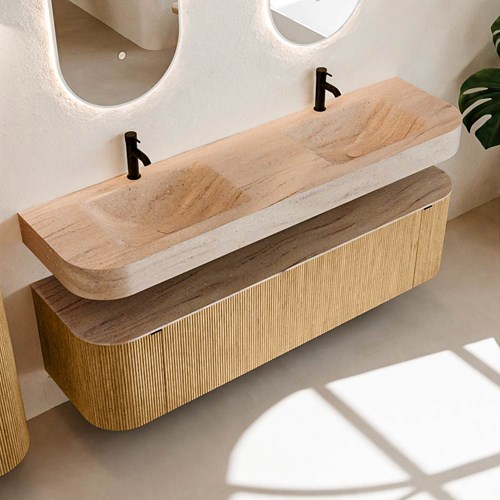 THOR-DLUX 170cm mueble de baño curva izquierda + derecha color Oak con 1 cajón y 2 puertas. Lavabo suspendido CLOUD Doble 2 orificios color Saba.-2