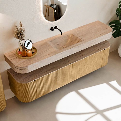 THOR-DLUX 190cm badmeubel ronding links + rechts kleur Oak met 2 lades en 2 deuren. Vrijhangende wastafel CLOUD Midden zonder kraangat kleur Saba.-2