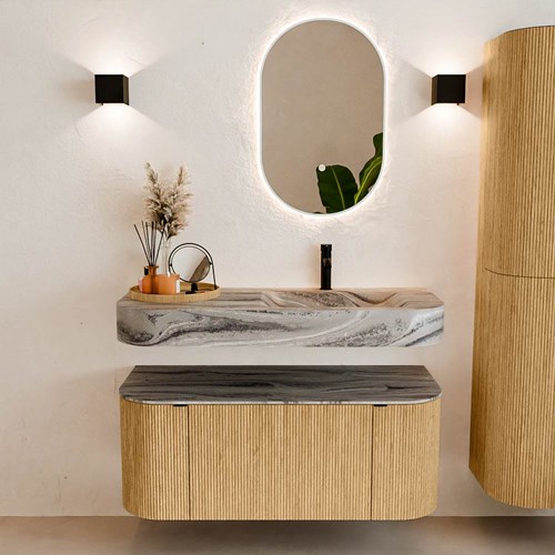 THOR-DLUX 110cm badmöbel kurve links + rechts farbe Oak mit 1 schublade und 2 türen. Frei hängende waschtisch CLOUD Rechts 1 hahnloch farbe Sombra.-3