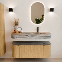 THOR-DLUX 120cm meubles de salle de bains courbe gauche + droite couleur Oak avec 1 tiroir et 2 portes. Lavabo suspendu CLOUD Droite 1 trou pour robinetter couleur Sombra.-3