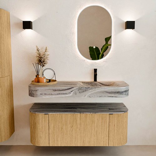 THOR-DLUX 120cm meubles de salle de bains courbe gauche + droite couleur Oak avec 1 tiroir et 2 portes. Lavabo suspendu CLOUD Droite 1 trou pour robinetter couleur Sombra.-3
