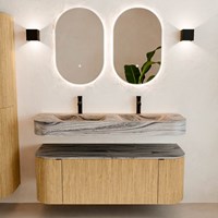 THOR-DLUX 130cm meubles de salle de bains courbe gauche + droite couleur Oak avec 1 tiroir et 2 portes. Lavabo suspendu CLOUD Double 2 trous robinetterie couleur Sombra.-3