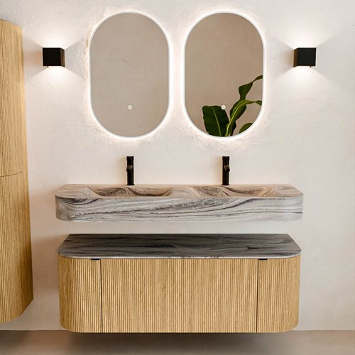 THOR-DLUX 130cm meubles de salle de bains courbe gauche + droite couleur Oak avec 1 tiroir et 2 portes. Lavabo suspendu CLOUD Double 2 trous robinetterie couleur Sombra.-3