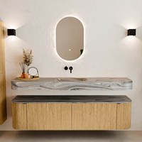 THOR-DLUX 180cm meubles de salle de bains courbe gauche + droite couleur Oak avec 2 tiroirs et 2 portes. Lavabo suspendu CLOUD Centrée sans trou pour robinet couleur Sombra.-3