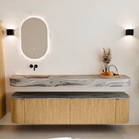 THOR-DLUX 190cm meubles de salle de bains courbe gauche + droite couleur Oak avec 2 tiroirs et 2 portes. Lavabo suspendu CLOUD Gauche sans trou pour robinet couleur Sombra.-3