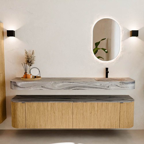 THOR-DLUX 190cm bathroom vanity set curve left + right color Oak with 2 drawers and 2 doors. Wall mounted sink CLOUD Right 1 tab hole color Sombra.-3