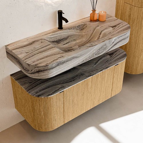 THOR-DLUX 110cm badmöbel kurve links + rechts farbe Oak mit 1 schublade und 2 türen. Frei hängende waschtisch CLOUD Mittig 1 hahnloch farbe Sombra.-2