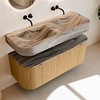 THOR-DLUX 120cm mueble de baño curva izquierda + derecha color Oak con 1 cajón y 2 puertas. Lavabo suspendido CLOUD Doble sin orificio color Sombra.-2