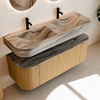 THOR-DLUX 130cm meubles de salle de bains courbe gauche + droite couleur Oak avec 1 tiroir et 2 portes. Lavabo suspendu CLOUD Double 2 trous robinetterie couleur Sombra.-2