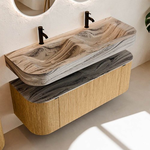 THOR-DLUX 130cm meubles de salle de bains courbe gauche + droite couleur Oak avec 1 tiroir et 2 portes. Lavabo suspendu CLOUD Double 2 trous robinetterie couleur Sombra.-2