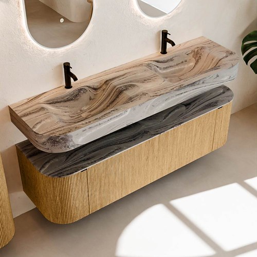 THOR-DLUX 160cm mueble de baño curva izquierda + derecha color Oak con 1 cajón y 2 puertas. Lavabo suspendido CLOUD Doble 2 orificios color Sombra.-2