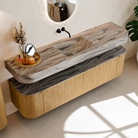 THOR-DLUX 180cm meubles de salle de bains courbe gauche + droite couleur Oak avec 2 tiroirs et 2 portes. Lavabo suspendu CLOUD Centrée sans trou pour robinet couleur Sombra.-2