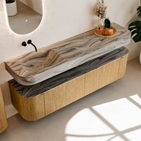 THOR-DLUX 180cm mueble de baño curva izquierda + derecha color Oak con 2 cajones y 2 puertas. Lavabo suspendido CLOUD Izquierda sin orificio color Sombra.-2