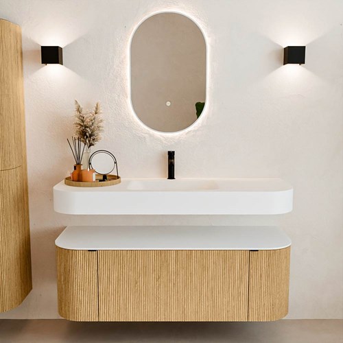 THOR 130cm mueble de baño curva izquierda + derecha color Oak con 1 cajón y 2 puertas. Lavabo suspendido CLOUD Centro 1 orificio color Talc.-3