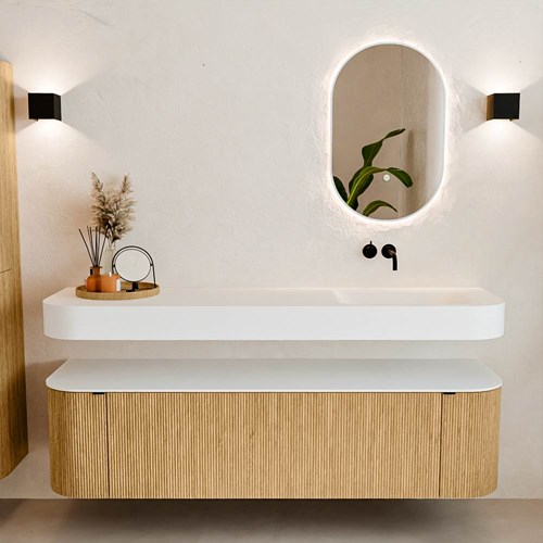 THOR 170cm mueble de baño curva izquierda + derecha color Oak con 1 cajón y 2 puertas. Lavabo suspendido CLOUD Derecho sin orificio color Talc.-3
