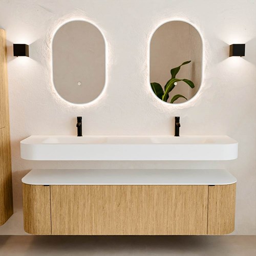 THOR 170cm bathroom vanity set curve left + right color Oak with 1 drawer and 2 doors. Floating sink CLOUD Double 2 tab holes color Talc.-3