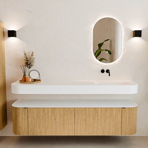 THOR 180cm mueble de baño curva izquierda + derecha color Oak con 2 cajones y 2 puertas. Lavabo suspendido CLOUD Derecho sin orificio color Talc.-3