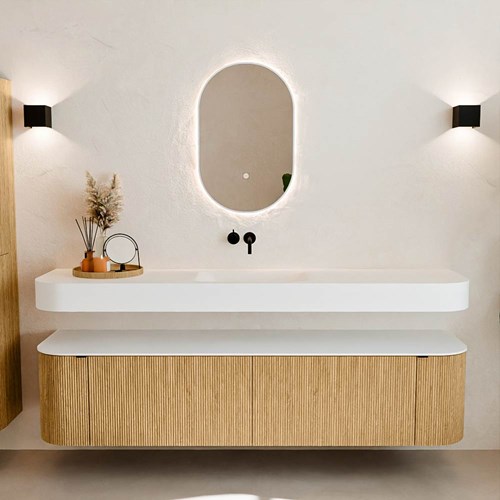 THOR 190cm mueble de baño curva izquierda + derecha color Oak con 2 cajones y 2 puertas. Lavabo suspendido CLOUD Centro sin orificio color Talc.-3