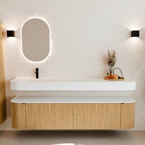 THOR 190cm meubles de salle de bains courbe gauche + droite couleur Oak avec 2 tiroirs et 2 portes. Lavabo suspendu CLOUD Gauche 1 trou pour robinetter couleur Talc.-3