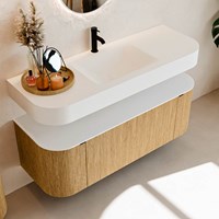 THOR 130cm mueble de baño curva izquierda + derecha color Oak con 1 cajón y 2 puertas. Lavabo suspendido CLOUD Centro 1 orificio color Talc.-2