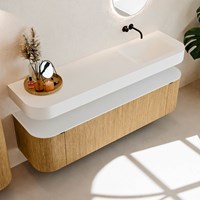 THOR 170cm mueble de baño curva izquierda + derecha color Oak con 1 cajón y 2 puertas. Lavabo suspendido CLOUD Derecho sin orificio color Talc.-2