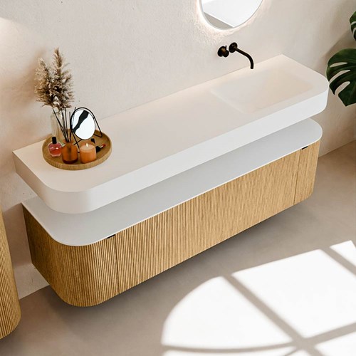 THOR 170cm mueble de baño curva izquierda + derecha color Oak con 1 cajón y 2 puertas. Lavabo suspendido CLOUD Derecho sin orificio color Talc.-2