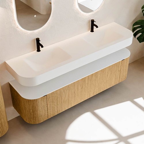 THOR 170cm bathroom vanity set curve left + right color Oak with 1 drawer and 2 doors. Floating sink CLOUD Double 2 tab holes color Talc.-2