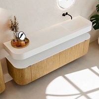 THOR 180cm mueble de baño curva izquierda + derecha color Oak con 2 cajones y 2 puertas. Lavabo suspendido CLOUD Derecho sin orificio color Talc.-2