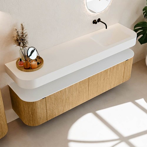 THOR 180cm mueble de baño curva izquierda + derecha color Oak con 2 cajones y 2 puertas. Lavabo suspendido CLOUD Derecho sin orificio color Talc.-2