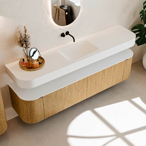 THOR 190cm mueble de baño curva izquierda + derecha color Oak con 2 cajones y 2 puertas. Lavabo suspendido CLOUD Centro sin orificio color Talc.-2