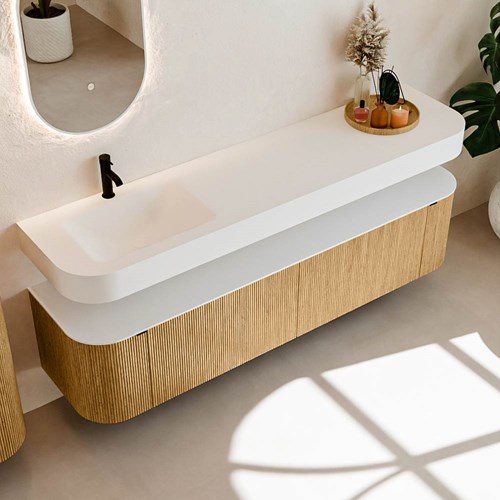 THOR 190cm meubles de salle de bains courbe gauche + droite couleur Oak avec 2 tiroirs et 2 portes. Lavabo suspendu CLOUD Gauche 1 trou pour robinetter couleur Talc.-2