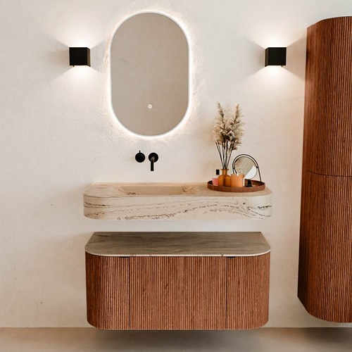 THOR-DLUX 100cm badmeubel ronding links + rechts kleur Ruby met 1 lade en 2 deuren. Vrijhangende wastafel CLOUD Links zonder kraangat kleur Arena.-3