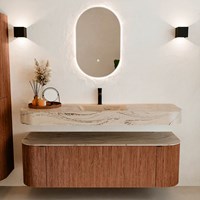 THOR-DLUX 150cm meubles de salle de bains courbe gauche + droite couleur Ruby avec 1 tiroir et 2 portes. Lavabo suspendu CLOUD Centrée 1 trou pour robinetter couleur Arena.-3