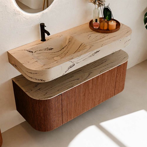THOR-DLUX 120cm meubles de salle de bains courbe gauche + droite couleur Ruby avec 1 tiroir et 2 portes. Lavabo suspendu CLOUD Gauche 1 trou pour robinetter couleur Arena.-2